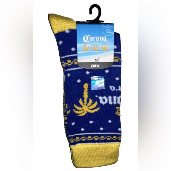 Corona Extra Beer Crew Socks 1 Pair Men 8-12 Blue Yellow w Logo Cerveza Mas Fina - Picture 1 of 11